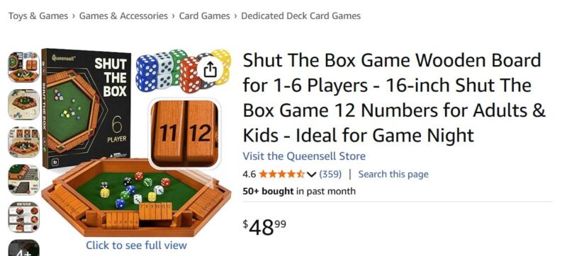 6-Player Shut-the-Box Dice Game, Wooden, New