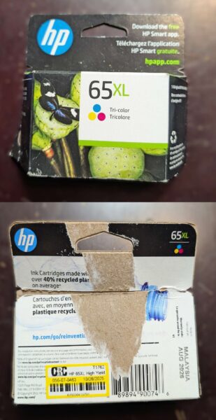 HP 65XL Ink Cartridges (Cyan, Magenta, Yellow)